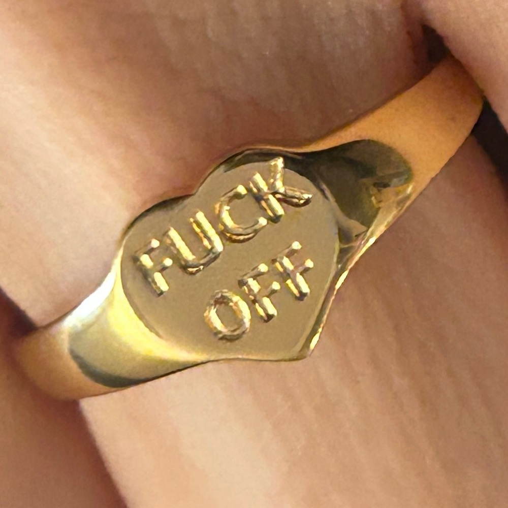 NEW "F*ck Off" Gold Heart Signet Statement Ring Funny Novelty Glam Punk Goth